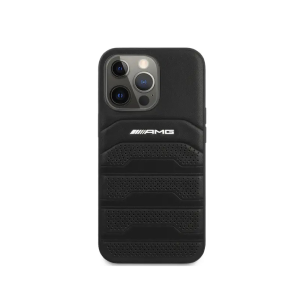 AMG Genuine Leather Case With Perforated Black Leather Debossed Lines Hot Stamped White Logo 14 Pro Max