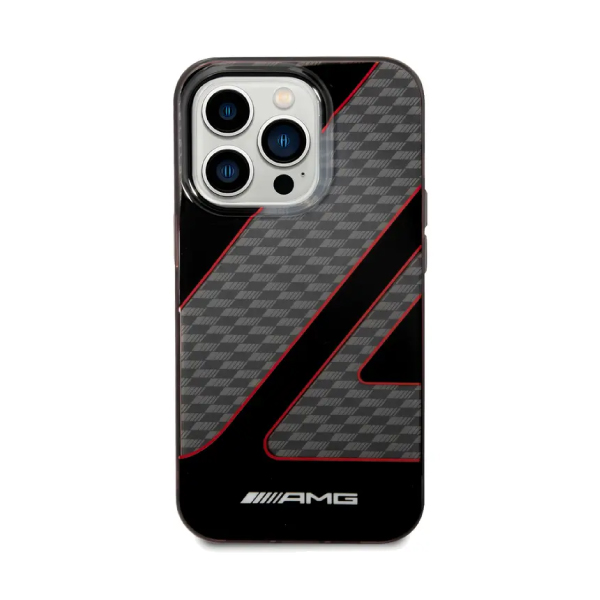 AMG Transparent Double Layer Case with Checkered Flag Pattern Crystal Case iPhone 14 Pro Compatibility – Red