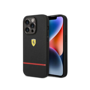 Ferrari Genuine Leather Case Perforated and Bottom Contrasted Line iPhone 14 Pro Max – Black