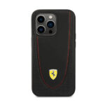 Ferrari Magsafe Compatibility Genuine Leather Hard Case with Curved Line Stitched iPhone 14 Pro Max Compatibility – Black