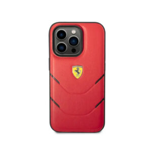 Ferrari PU Leather Case Hot Stamp Contrasted Lines iPhone 14 Pro – Red
