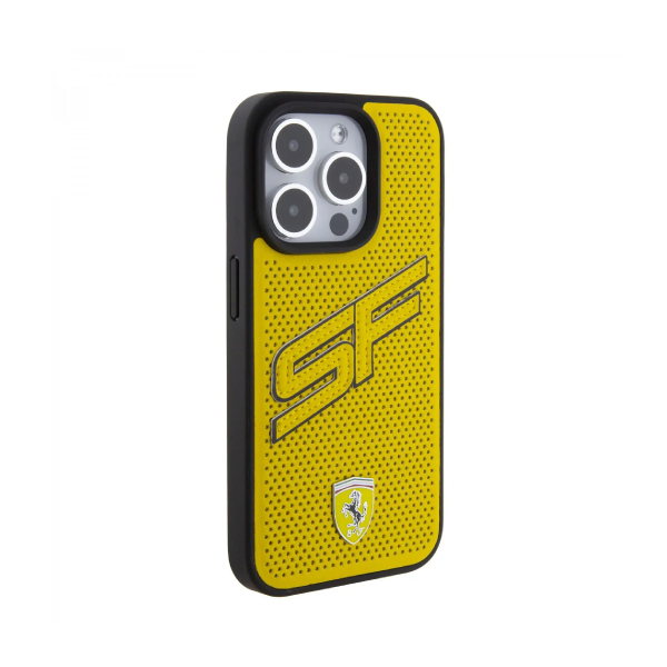 Ferrari PU Leather Case with Big SF Perforated Design for iPhone 15 Promax – Yellow