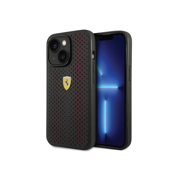 Ferrari PU Leather Perforated Case with Nylon Base & Yellow Shield Logo iPhone 14 Compatibility – Red