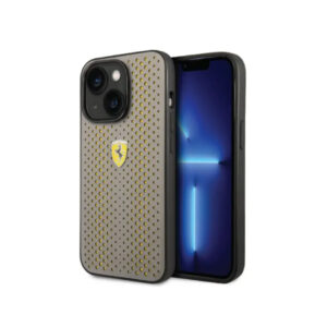Ferrari PU Leather Perforated Case with Nylon Base & Yellow Shield Logo iPhone 14 Compatibility – Yellow