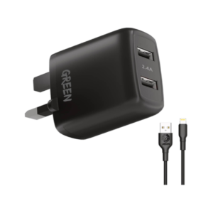 Green Lion Dual USB Port Wall Charger 12W UK with PVC Lightning Cable 1.2M Black – GNC24AIP6BK